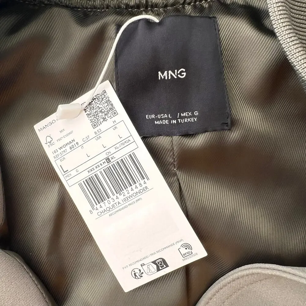 Mango Khaki Bomber Jacket with Shoulder Pads, L